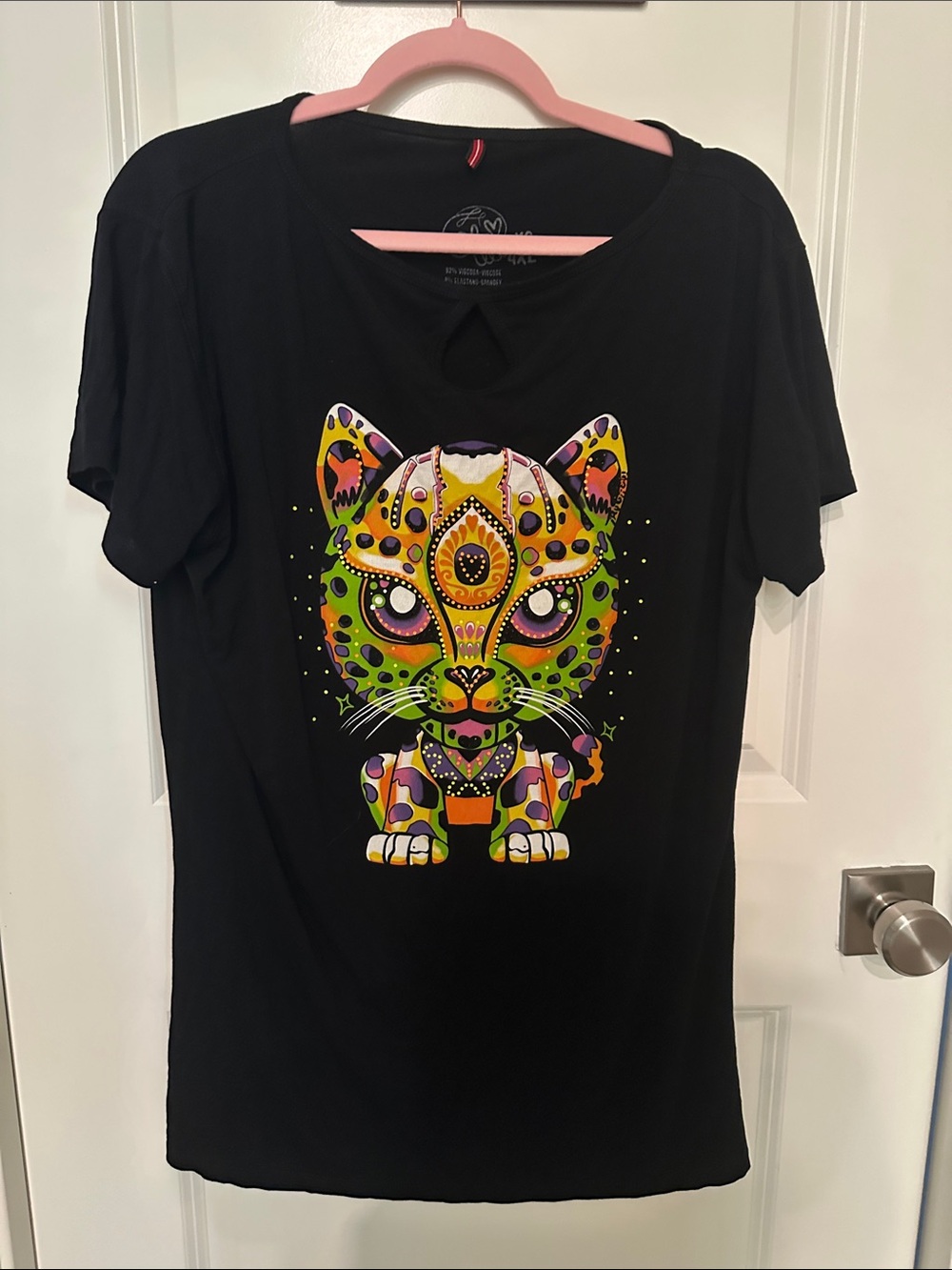 Ay Guey Black Short-Sleeve Tee with Neon Multicolor Cat Graphic